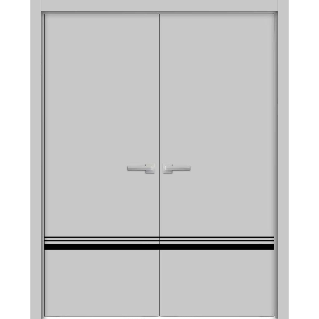 Solid French Double Doors 48 x 84 inches Grey Matte with Frosted Glass Wood Solid Panel Frame Trims Y413547