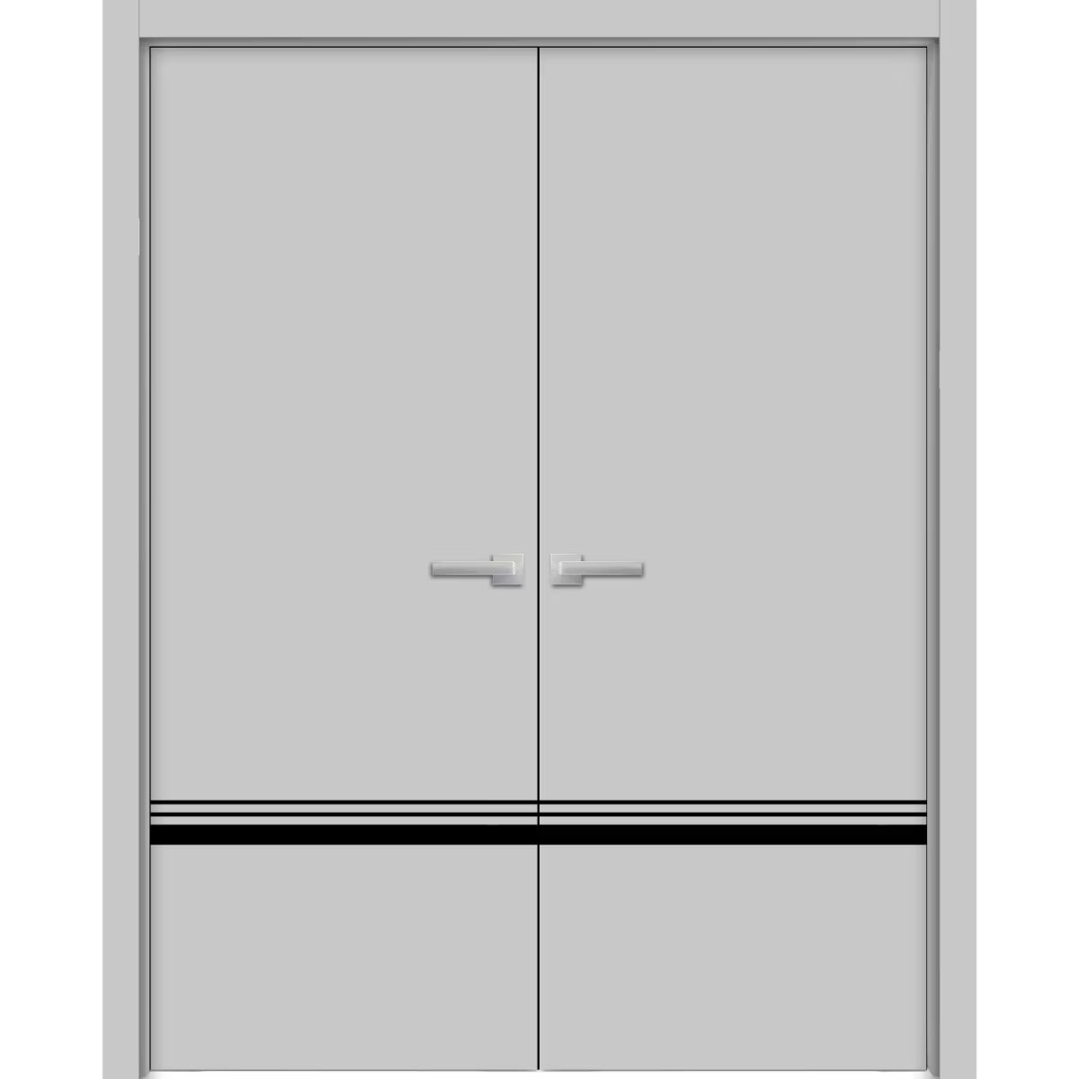 Solid French Double Doors 48 x 84 inches Grey Matte with Frosted Glass Wood Solid Panel Frame Trims Y413547