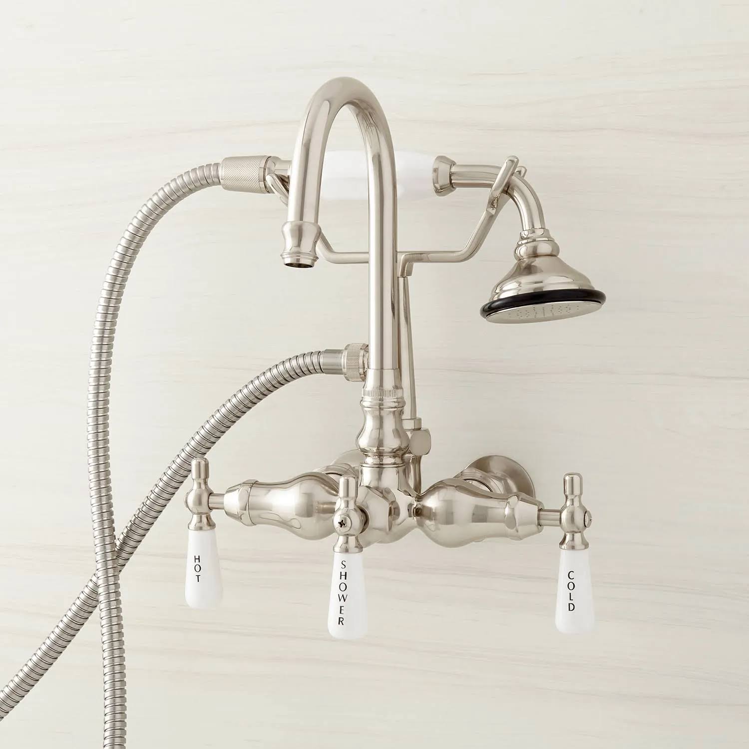 Polished Nickel Gooseneck Tub Faucet with Hand Shower and Wall Couplers Y2205