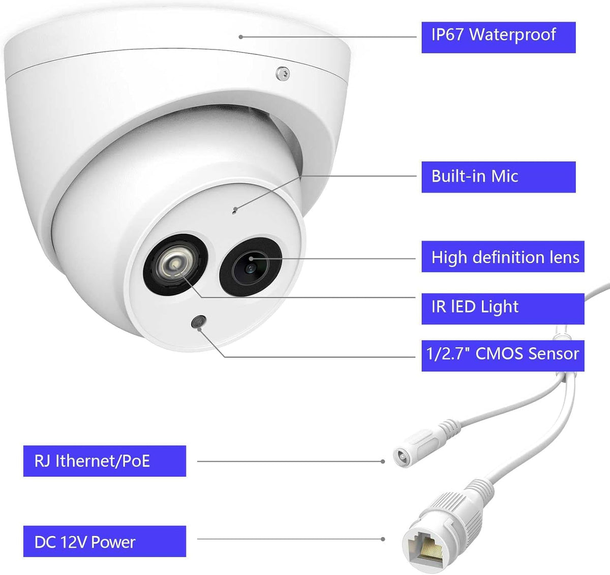 6MP PoE IP Security Camera Outdoor with Built-in-Mic, 3.6mm All-Metal Dome, 164ft IR Night Vision, IP67 H.265+ WDR 3D DNR G88192