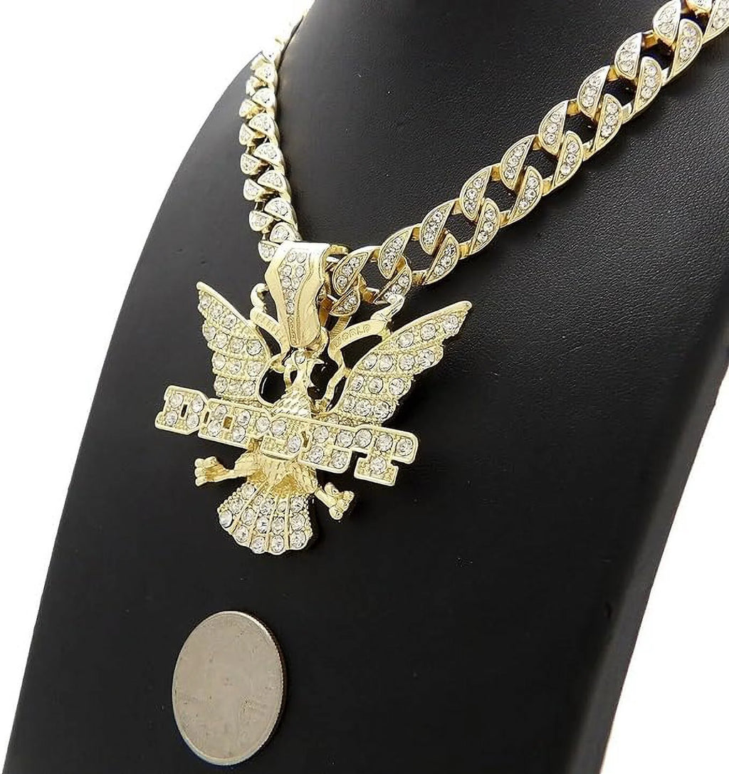 Gold Plated Cubic Zirconia Eagle Pendant & Cuban Chain Necklace Set W709910