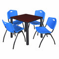 48x22 Square Breakroom Table with 4 Stack Chairs Blue Chrome Mahogany T835