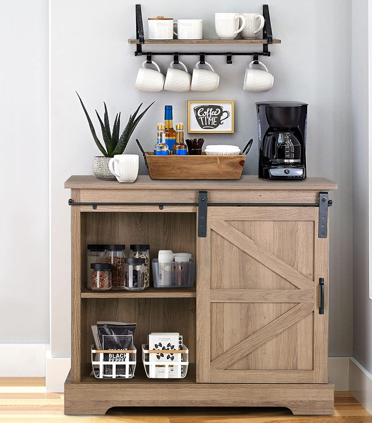 Farmhouse Coffee Bar Cabinet with Sliding Barn Door Sideboard Buffet Storage Cabinet S62643