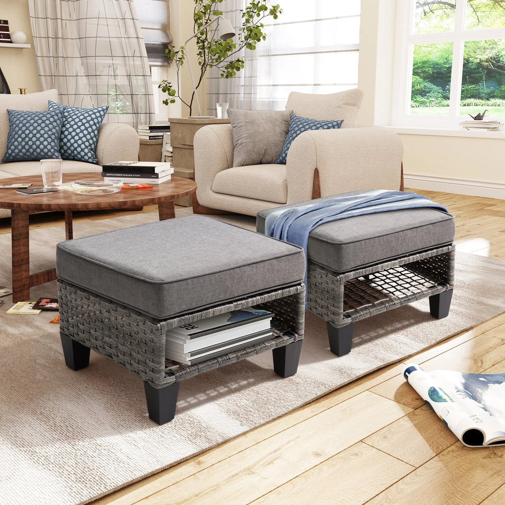 Gray 2 PCS Wicker Ottoman with Cushions Y897233