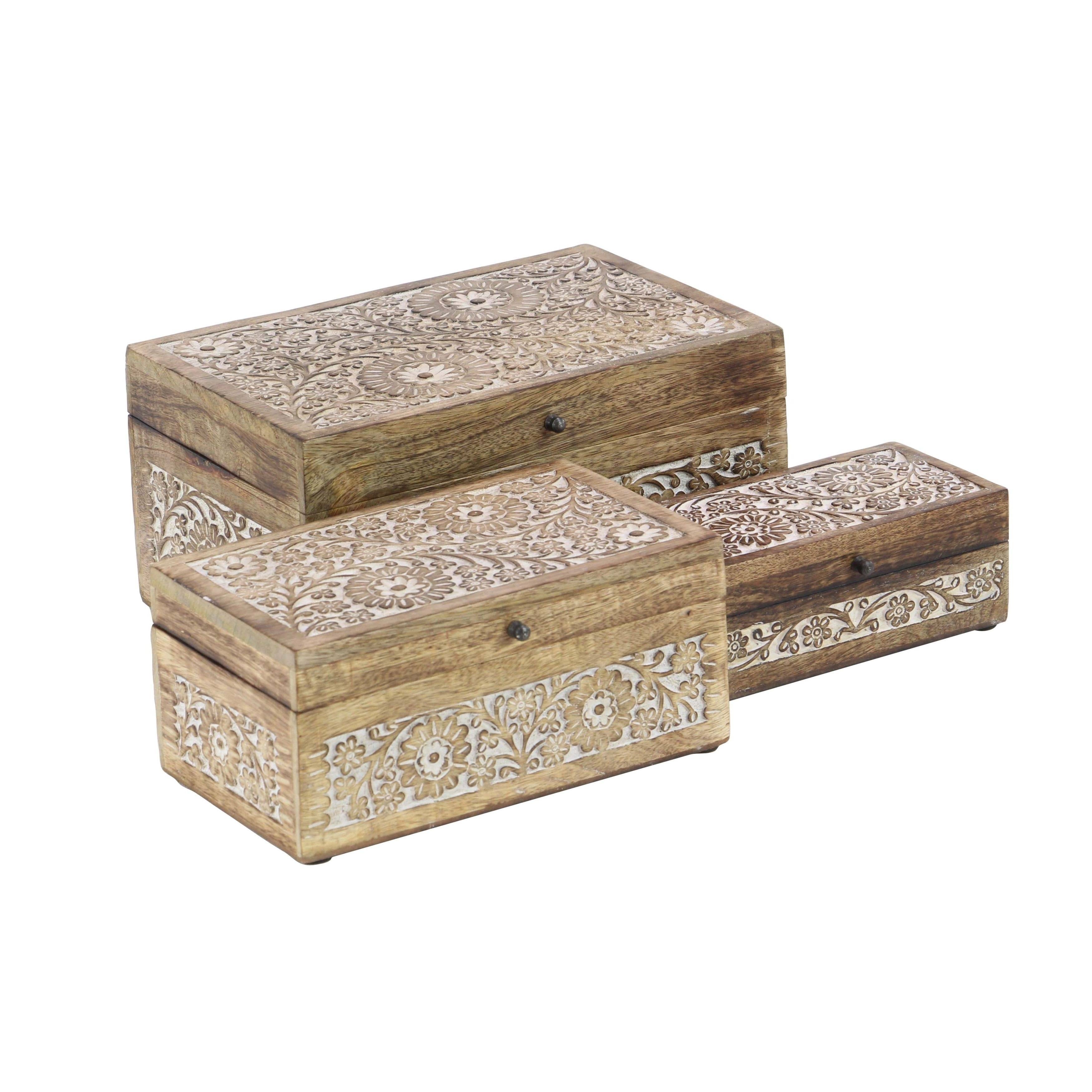 Set of 3 Mango Wood Carved Floral Boxes Brown Q68790