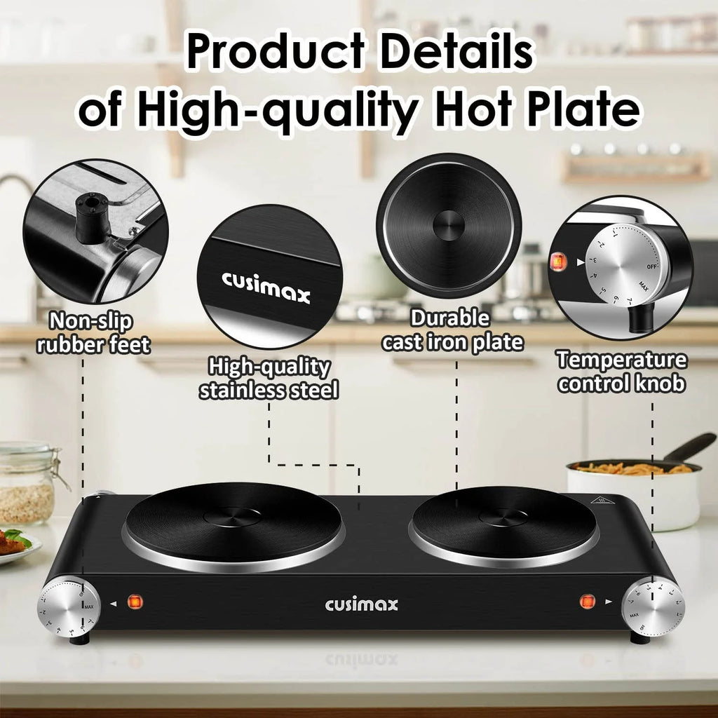 1800W Portable Electric Double Burner Cast Iron Cooktop with 7 Power Levels Q134