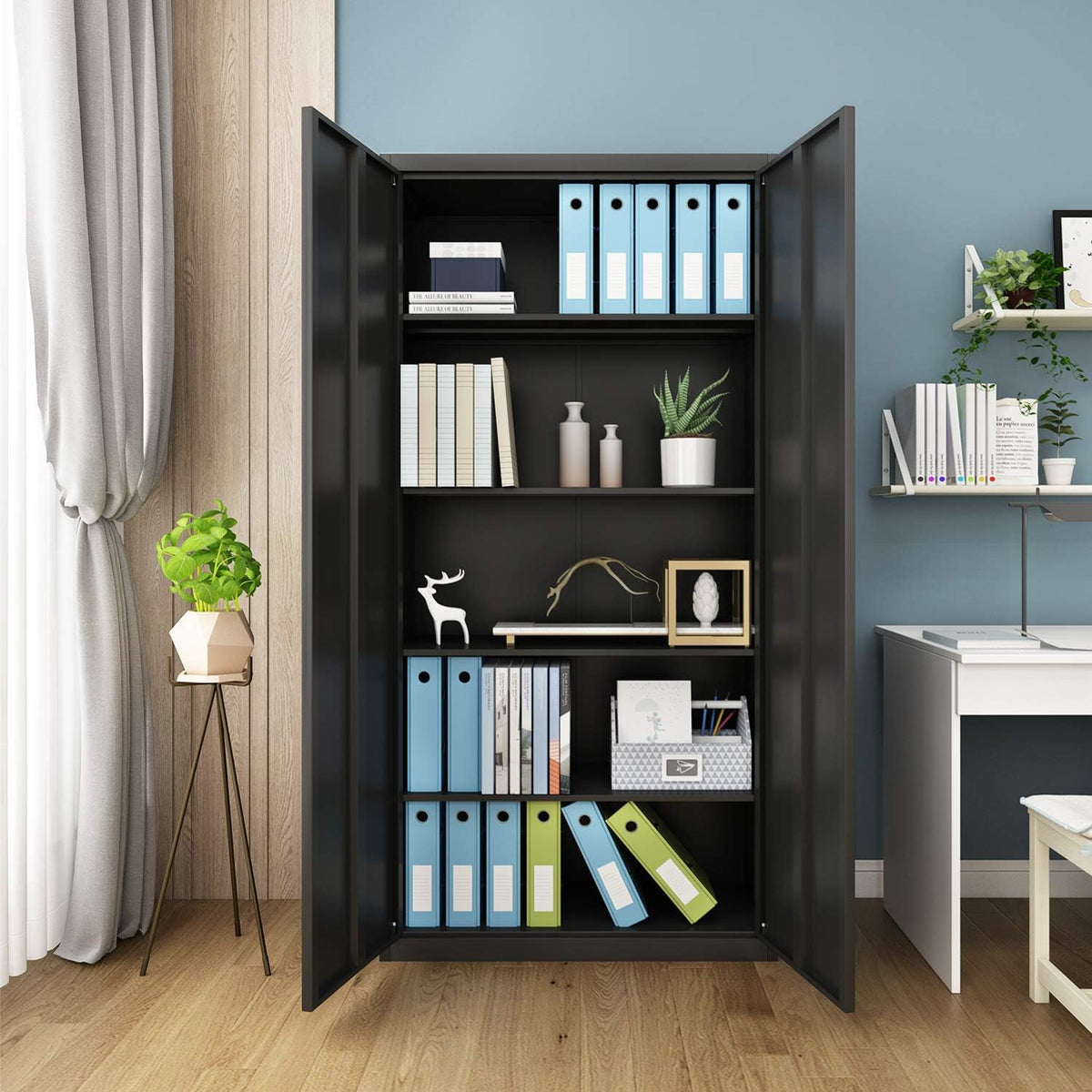 Black Metal Storage Cabinet with 4 Adjustable Shelves and 2 Locking Doors W597