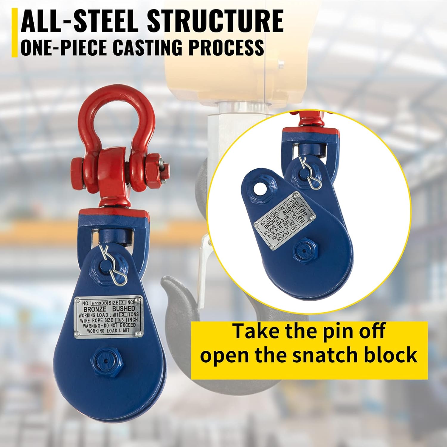 2ton Snatch Block with Chain, 4400 lbs Capacity, 3'' Single Sheave Block w/Swivel Hook, G70 Chain, Fit 3/8'' Wire Cable, Pack of 2 I309494
