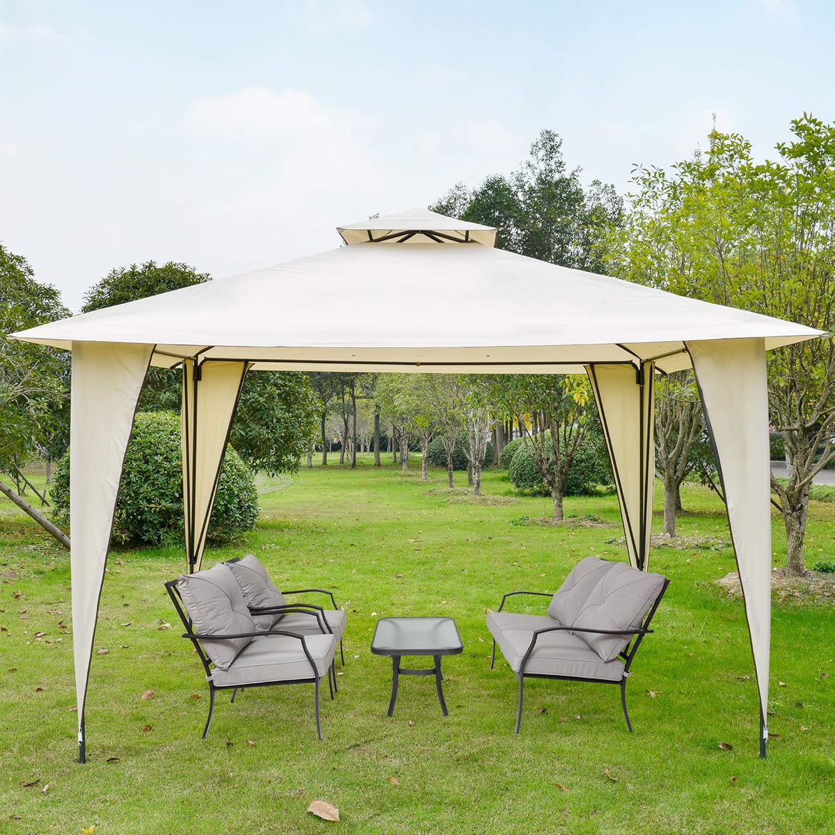 Beige 12' x 12' Steel Frame Canopy Tent with Double-Tier Roof L308975