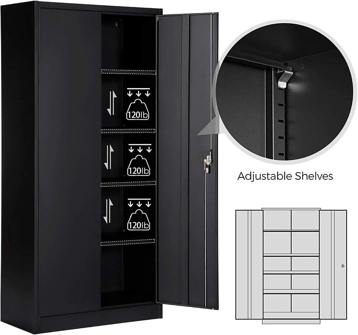 Black Metal Storage Cabinet with 4 Adjustable Shelves and 2 Locking Doors W597