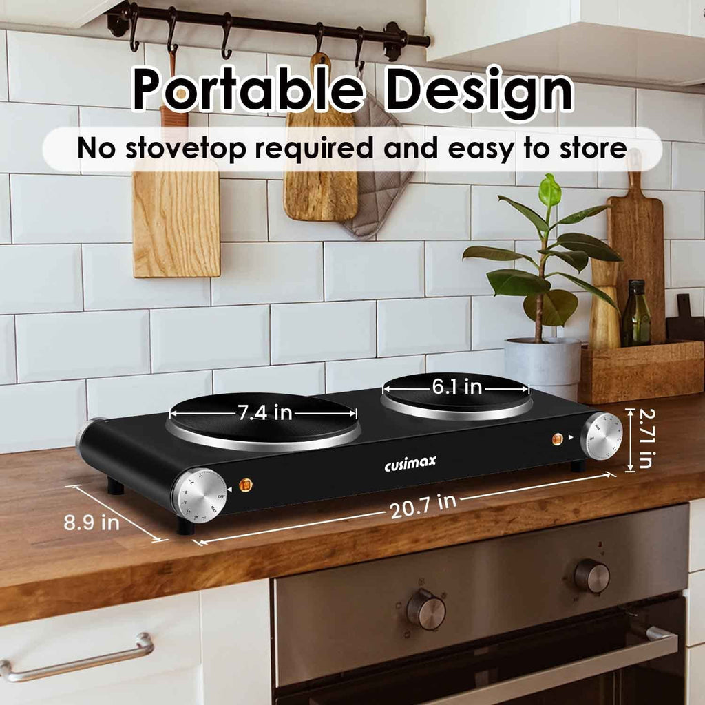 1800W Portable Electric Double Burner Cast Iron Cooktop with 7 Power Levels Q134