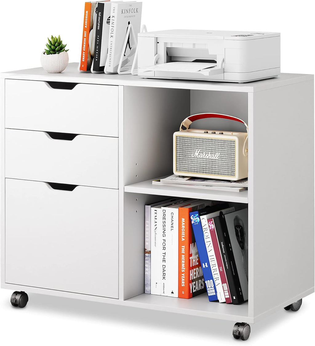 Black 3-Drawer Mobile Wood File Cabinet with Open Storage Shelves Z15396