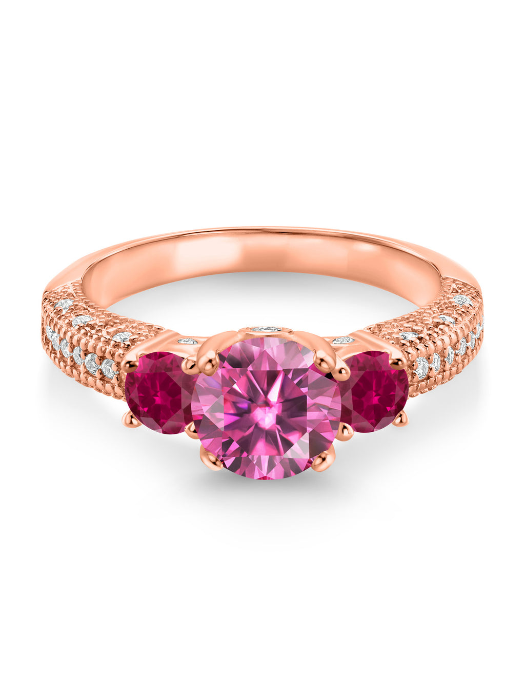 18K Rose Gold Plated Silver Pink Moissanite Red Created Ruby and White Moissanite Engagement Ring U61879