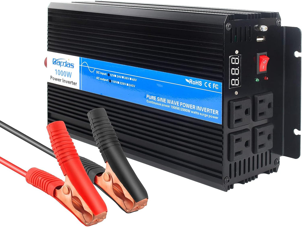 1000W Pure Sine Wave Power Inverter DC 12V to AC 110V with 4 AC Outlets and 1 USB Port H6755