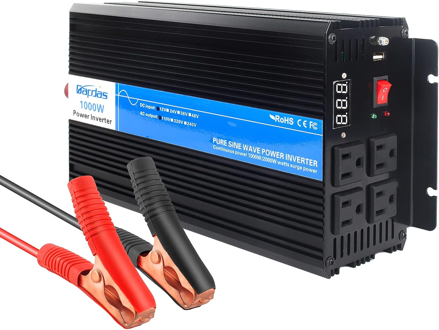 1000W Pure Sine Wave Power Inverter DC 12V to AC 110V with 4 AC Outlets and 1 USB Port H6755