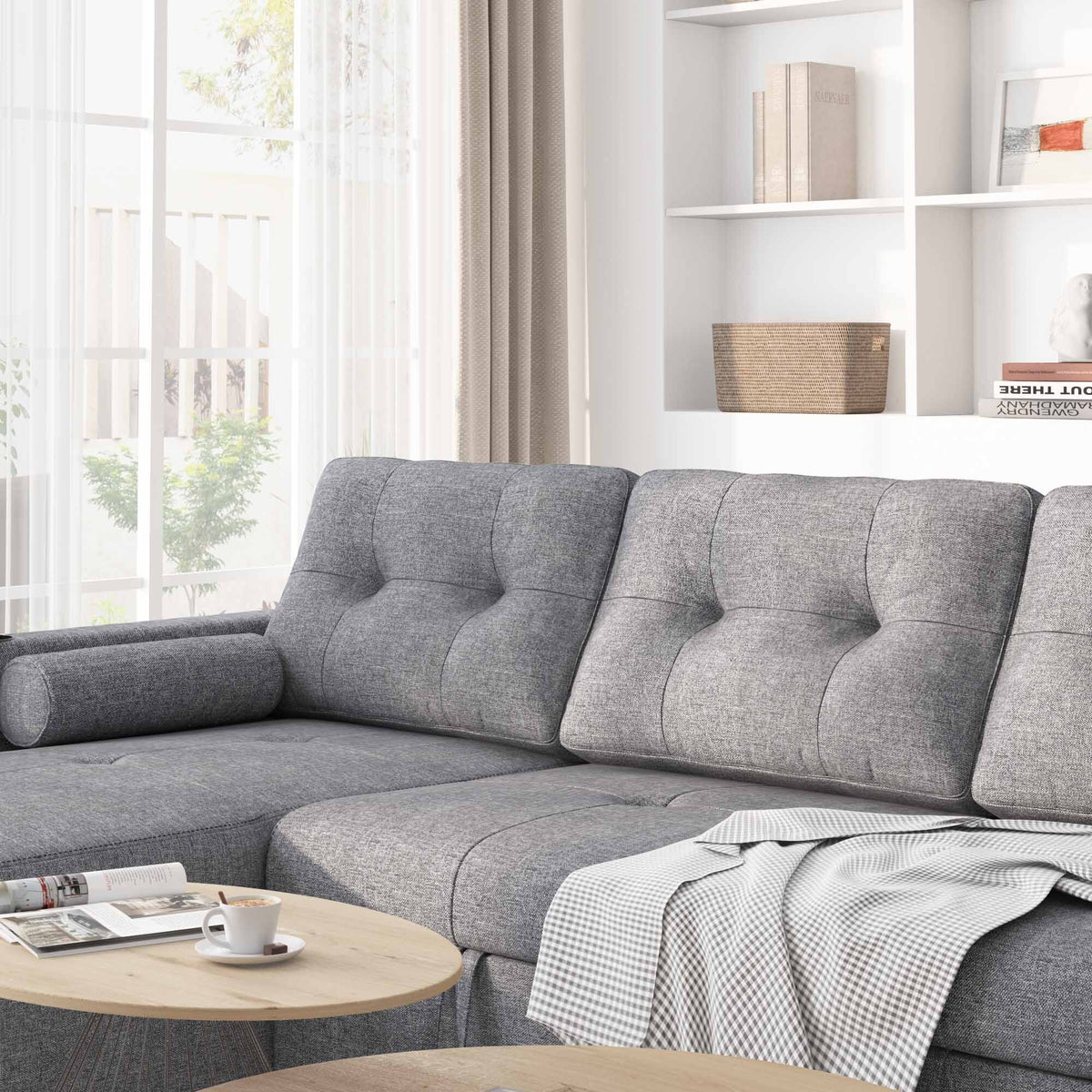 Green 3 Seater Linen Fabric Sofa Bed with Storage Chaise U145