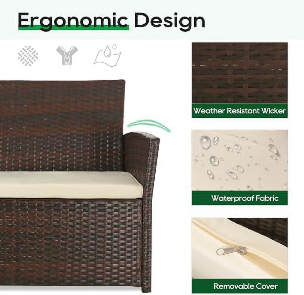 Brown Wicker 4 Piece Rattan Sectional Sofa Set with Table and Loveseat X39959