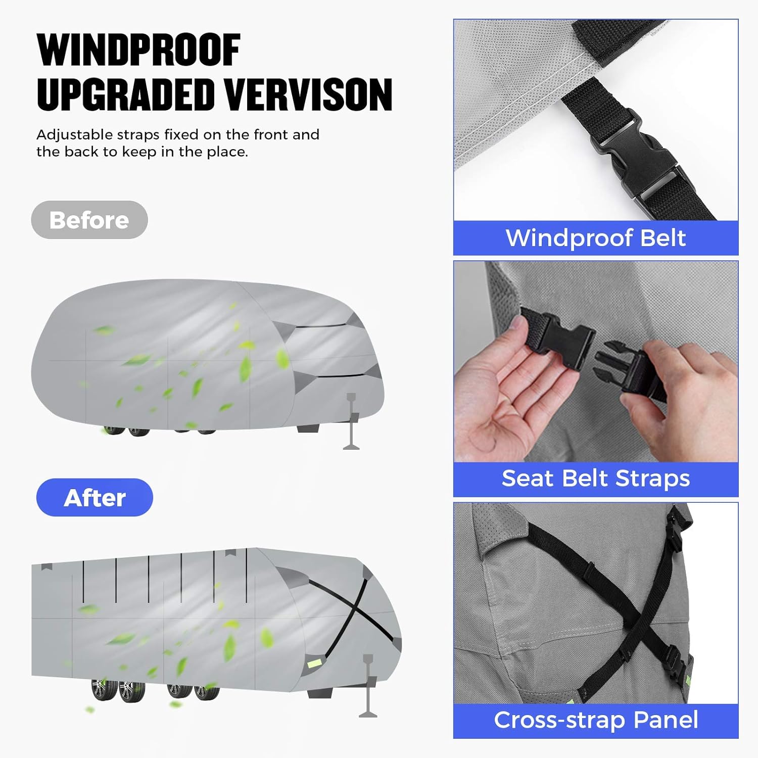 Gray Windproof Travel Trailer RV Snow Cover with Jack Cover & Patch Kit C73302