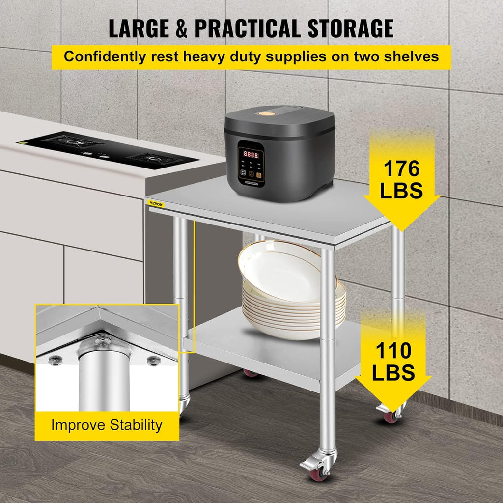 Stainless Steel Work Table with Wheels 24 x 30 x 32 Inch E1255