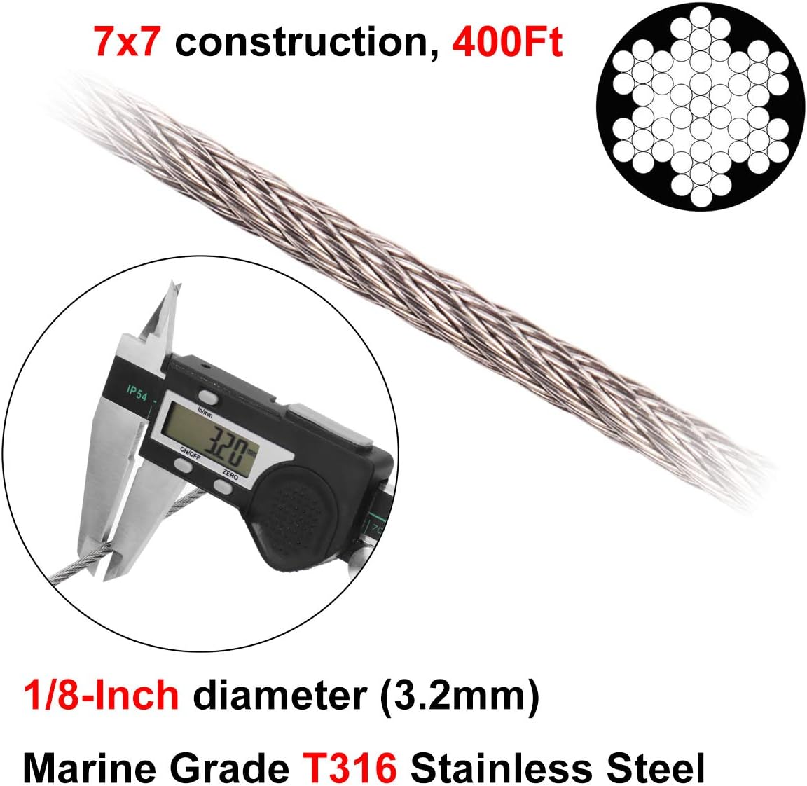 400FT 1/8 T316 Stainless Steel Wire Rope Cable with Cable Cutter U65144