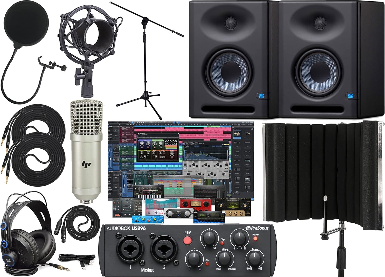 Recording Audio Interface with Studio Monitors and 1/4 Cables F942