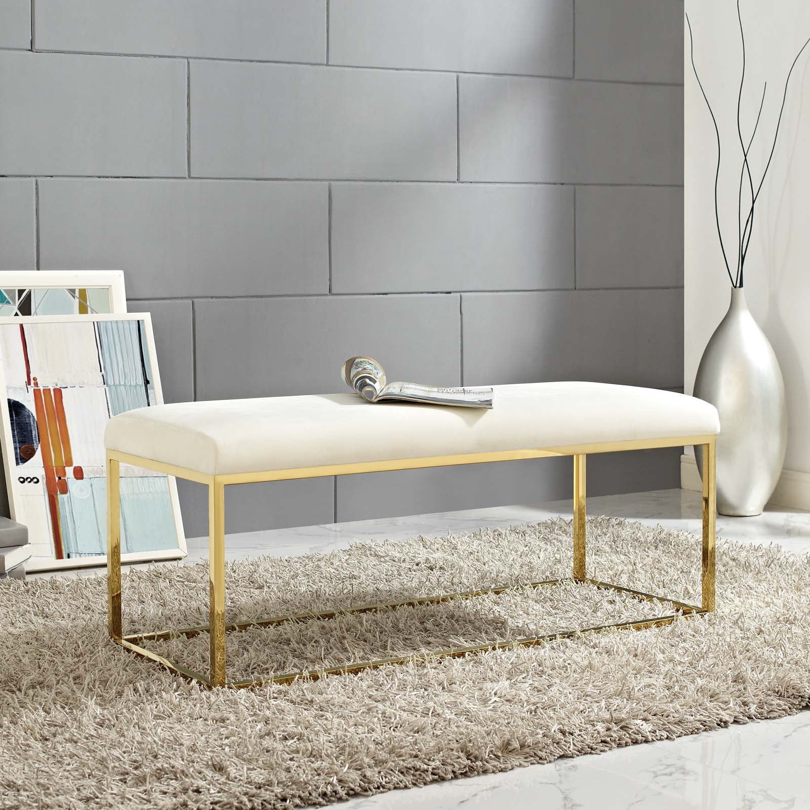Gold Ivory Velvet Accent Chair Bench F85148