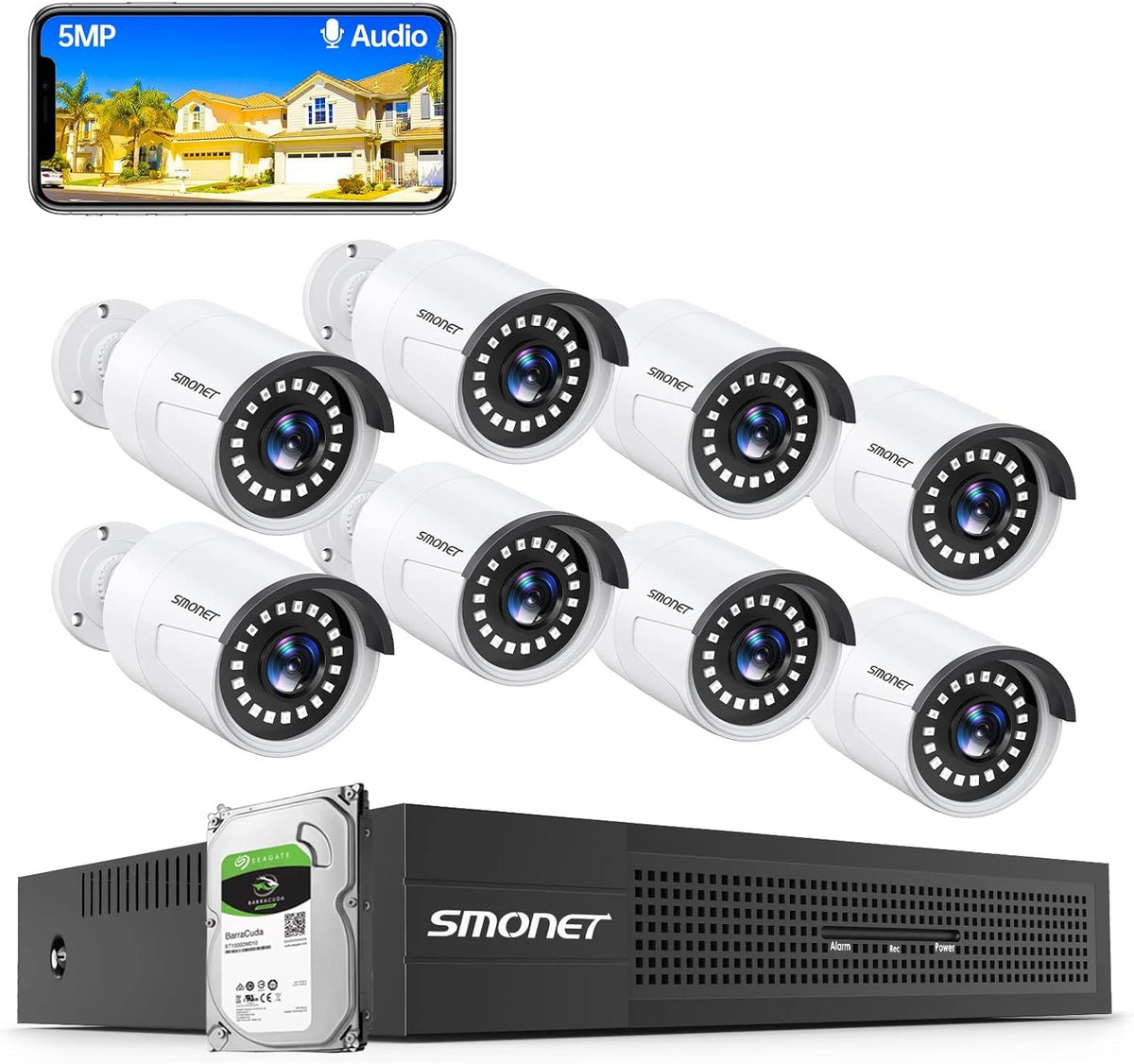 5MP PoE Security Camera System with Audio, 8 Channel NVR, 4Pcs Wired Indoor Outdoor IP Cameras, Night Vision, 1TB Hard Drive P8601