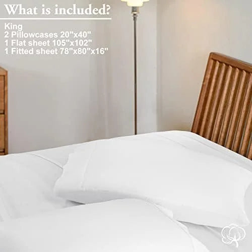 King Size 4 Piece Cotton Sheets Set, White Z35334