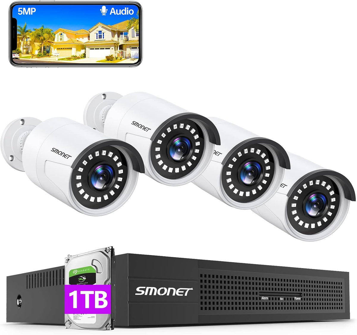5MP PoE Security Camera System with Audio, 8 Channel NVR, 4Pcs Wired Indoor Outdoor IP Cameras, Night Vision, 1TB Hard Drive P8601