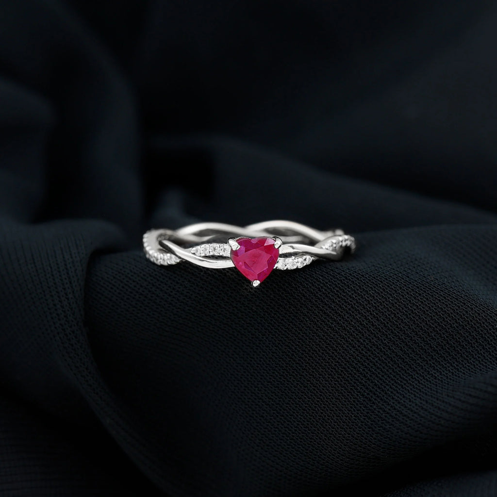 Heart Shape Ruby Solitaire Engagement Ring with Diamond, 925 Sterling Silver G964113