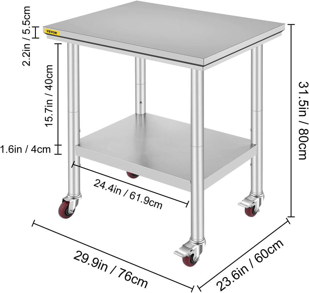 Stainless Steel Work Table with Wheels 24 x 30 x 32 Inch E1255