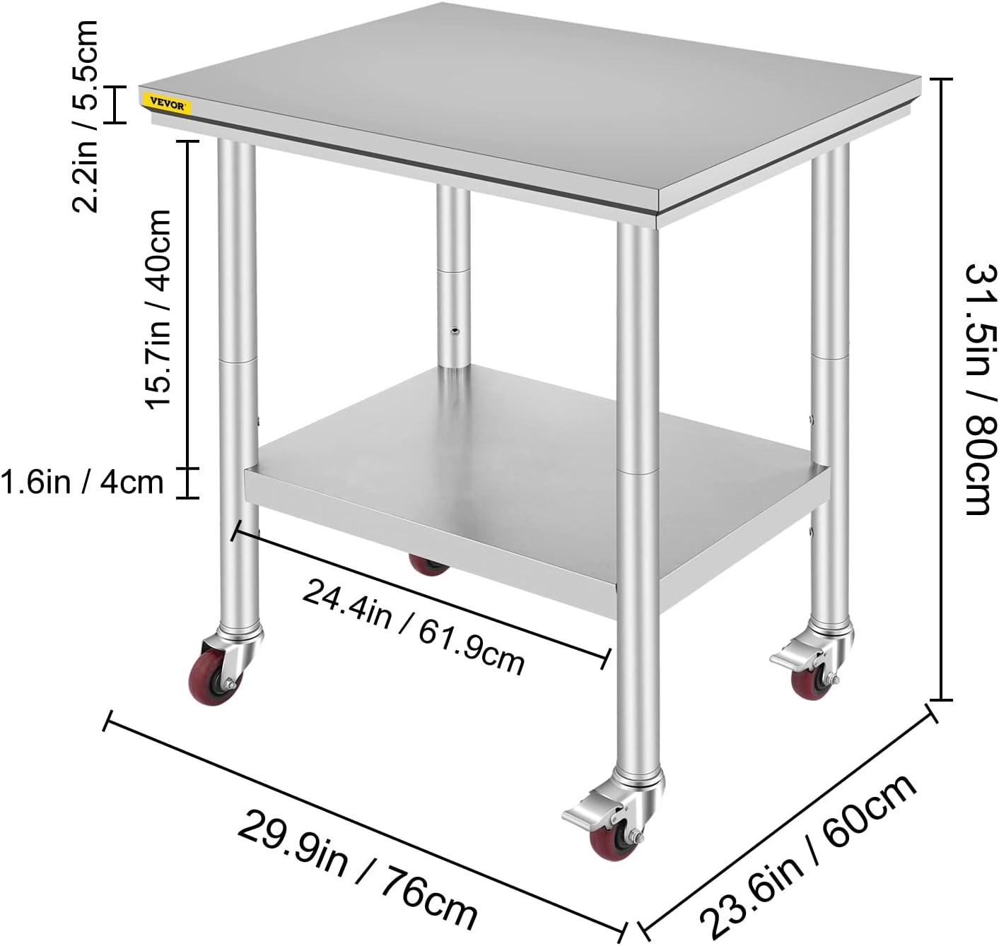 Stainless Steel Work Table with Wheels 24 x 30 x 32 Inch E1255