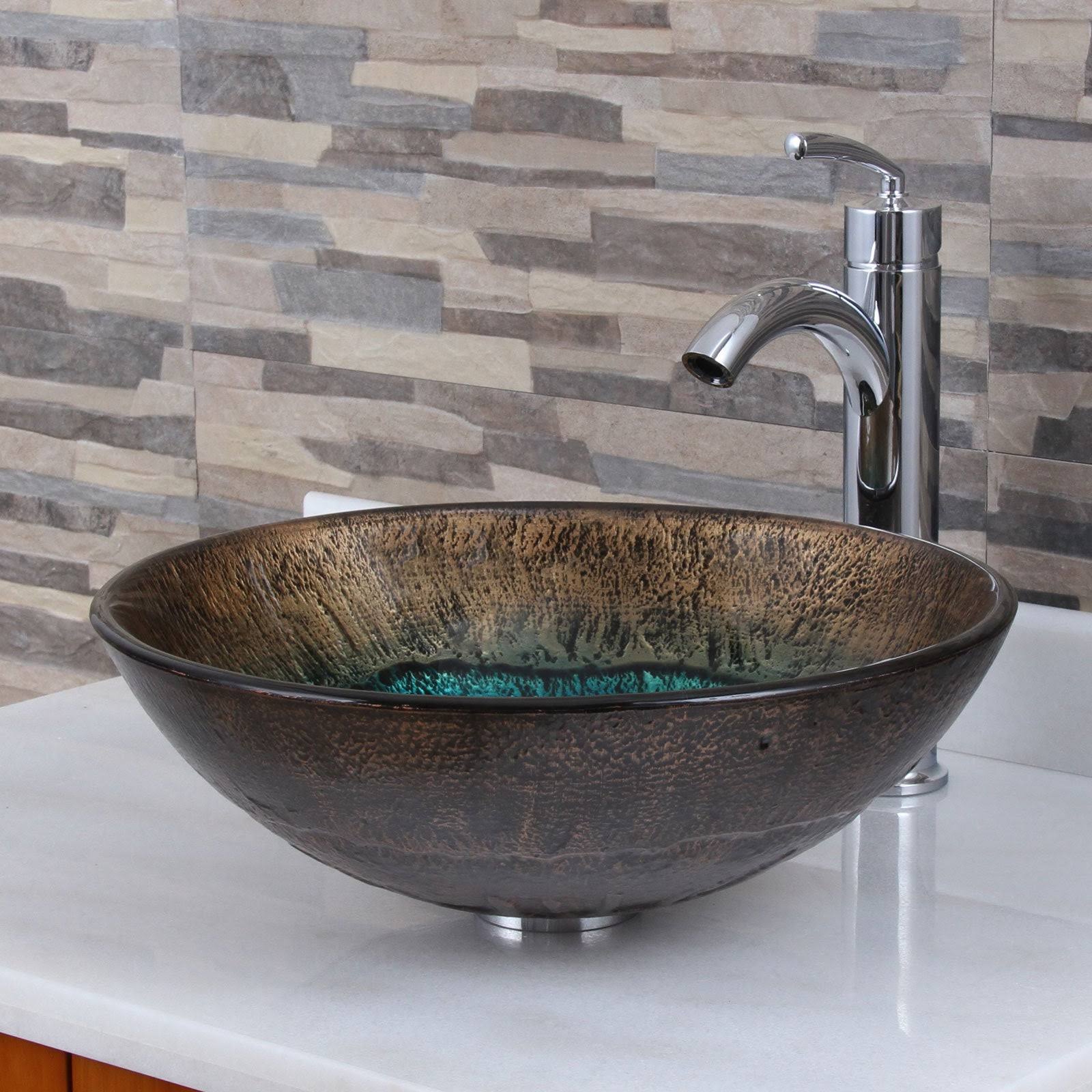 Volcanic Pattern Tempered Glass Bathroom Vessel Sink with Chrome Faucet Combo Y295