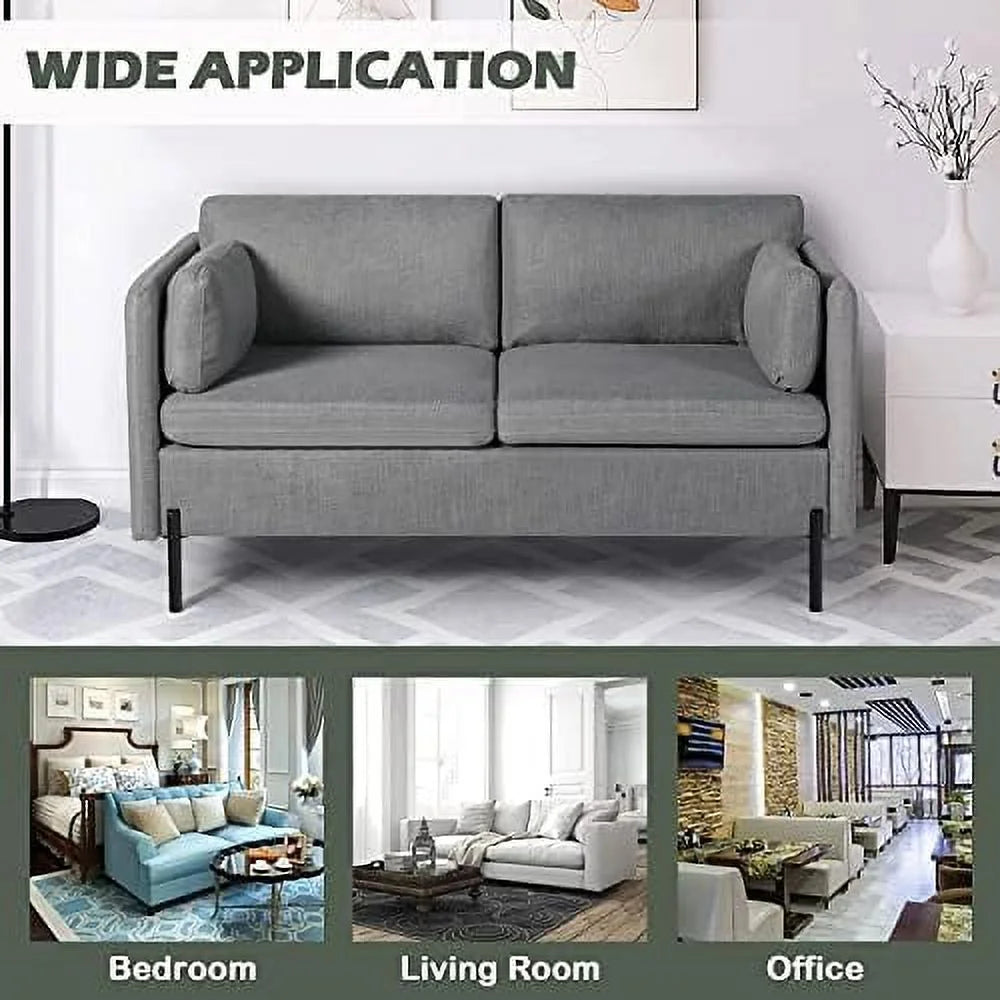 70'' Linen Fabric 3 Seater Sofa with 3 Pillows and Iron Legs R319