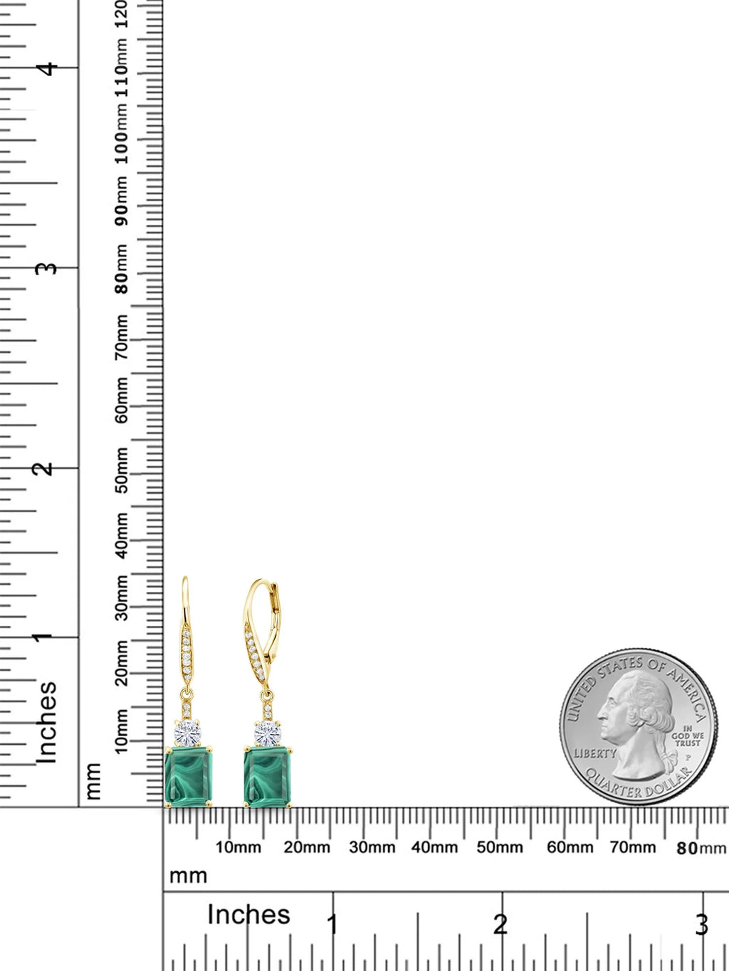 18K Yellow Gold Plated Silver Green Malachite White Moissanite and White Topaz Dangle Earrings C833