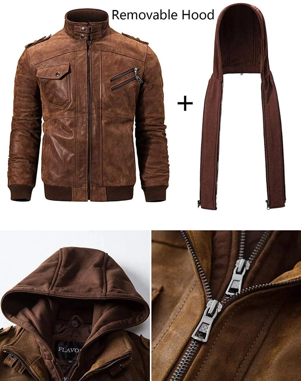 Brown Real Leather Jacket with Removable Hood X42432