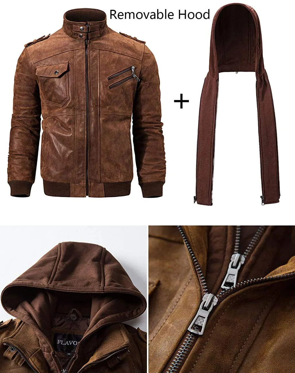 Brown Real Leather Jacket with Removable Hood X42432