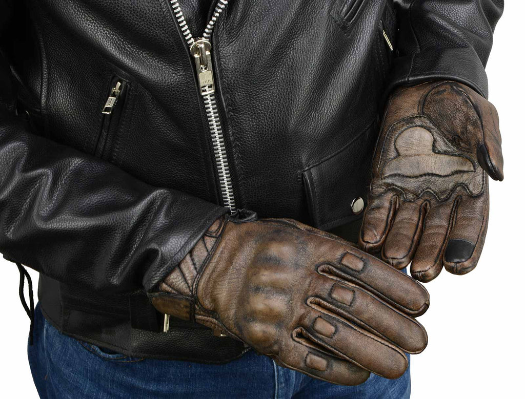 Brown Leather Motorcycle Gloves with Protective Knuckle X198
