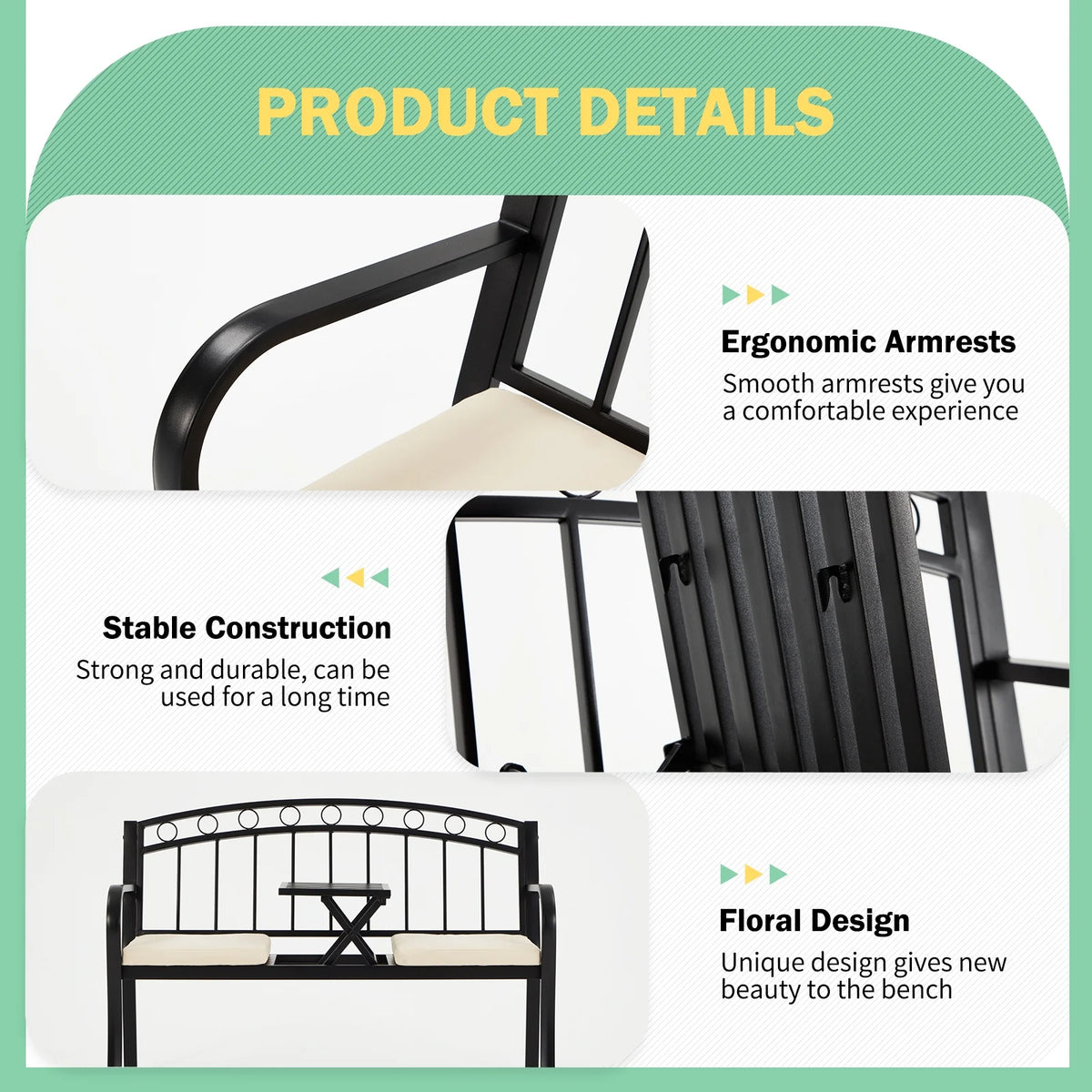 Black Steel Double Seat Patio Bench D363668