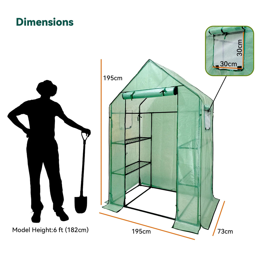 Walk-In Greenhouse Kit with Cover, 3 Tiers 6 Shelves, Portable Greenhouse with Observation Windows, PE Door, Ground Pegs & Ropes Y491
