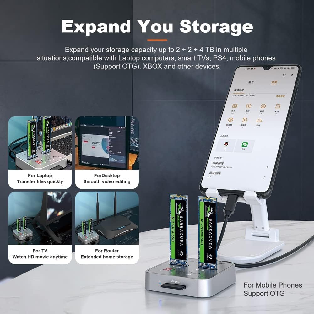 M.2 SATA/NVMe Docking Station, USB C 10Gbps Clone Duplicator, with SD Express Card Base E970