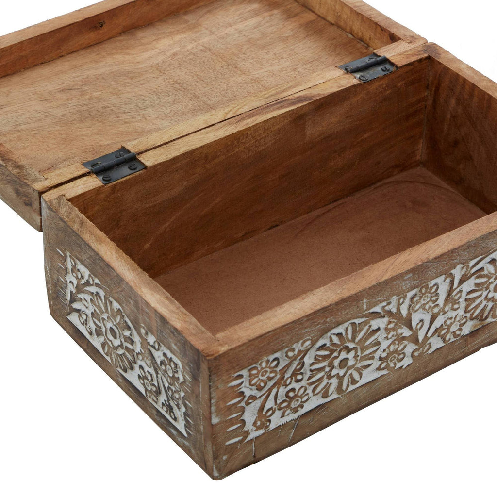 Set of 3 Mango Wood Carved Floral Boxes Brown Q68790