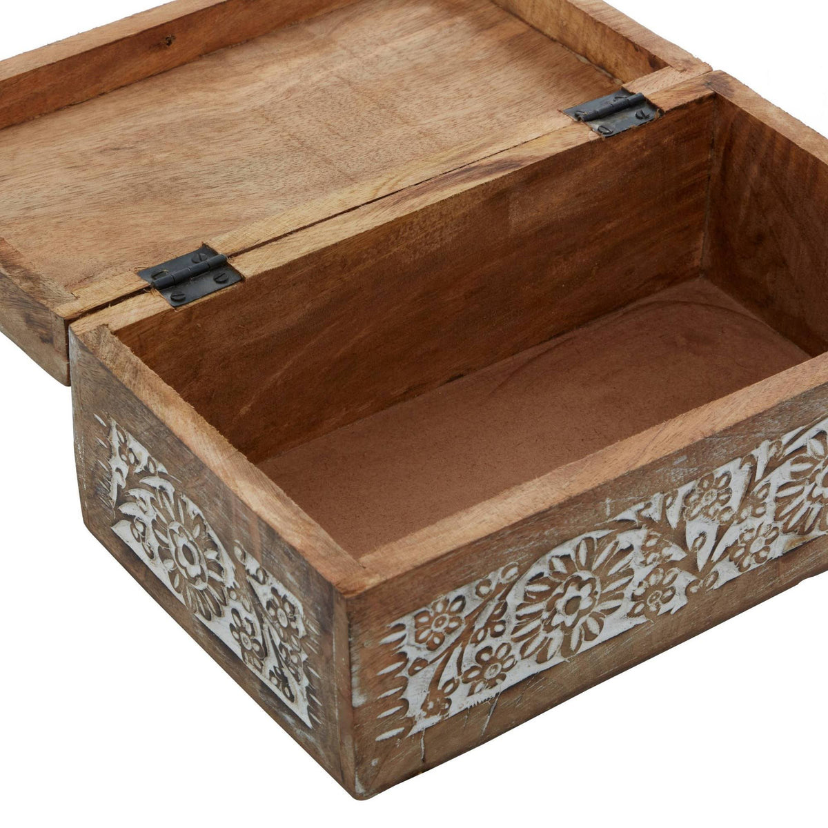 Set of 3 Mango Wood Carved Floral Boxes Brown Q68790