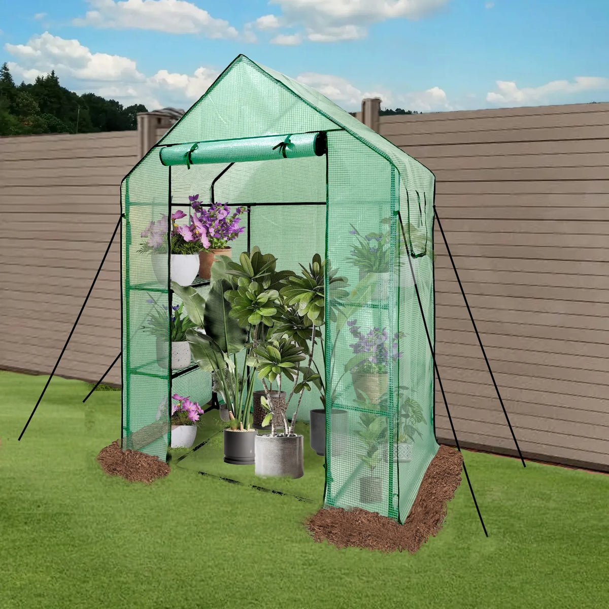 Walk-In Greenhouse Kit with Cover, 3 Tiers 6 Shelves, Portable Greenhouse with Observation Windows, PE Door, Ground Pegs & Ropes Y491