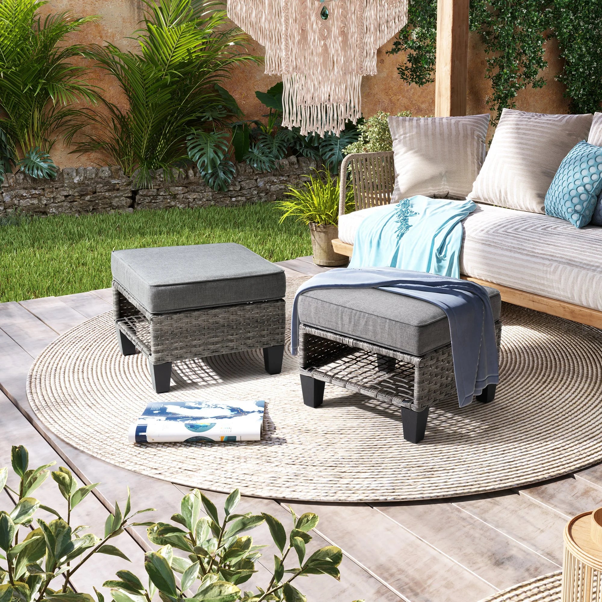 Gray 2 PCS Wicker Ottoman with Cushions Y897233