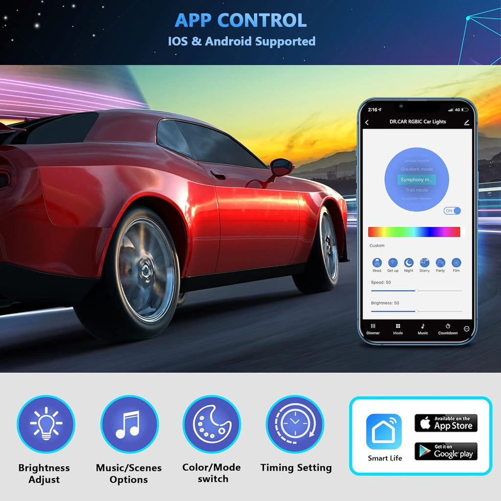 RGBIC Car LED Lights with APP & Remote Control, 72 LED Lights, DC 12V B89820