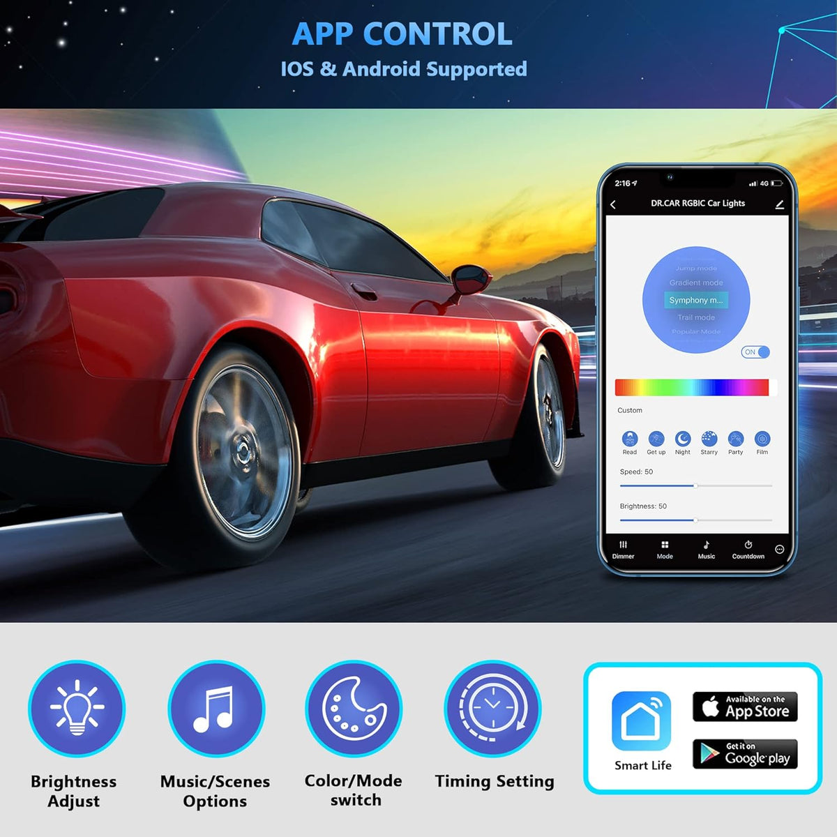 RGBIC Car LED Lights with APP & Remote Control, 72 LED Lights, DC 12V B89820