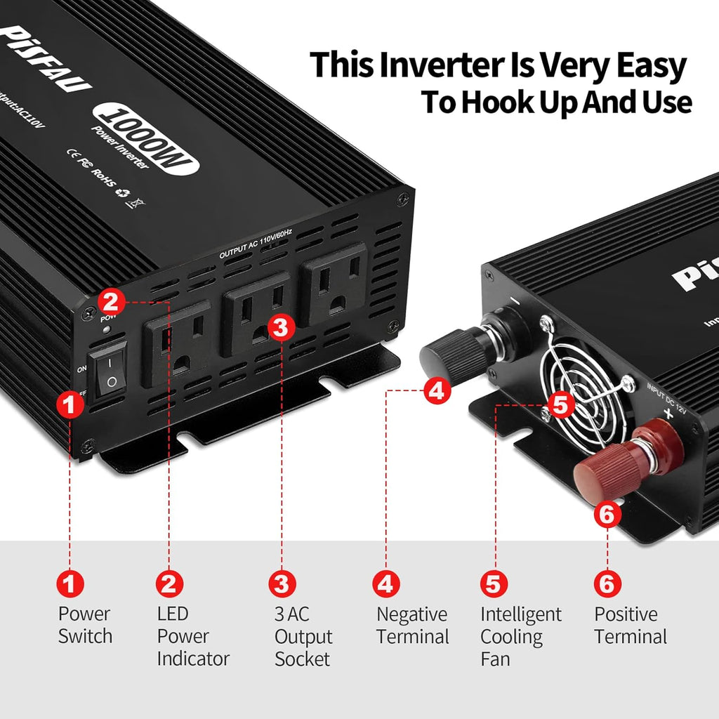 1000W Power Inverter 12V DC to 110V AC Converter with 3 AC Sockets F1657