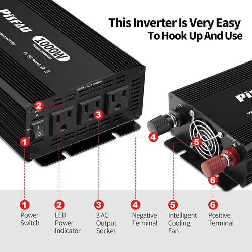 1000W Power Inverter 12V DC to 110V AC Converter with 3 AC Sockets F1657