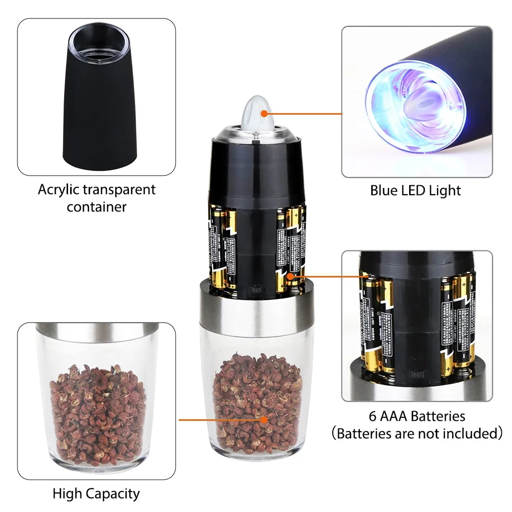 2Pcs Battery Powered Electric Pepper and Salt Grinders Set with LED Light E322